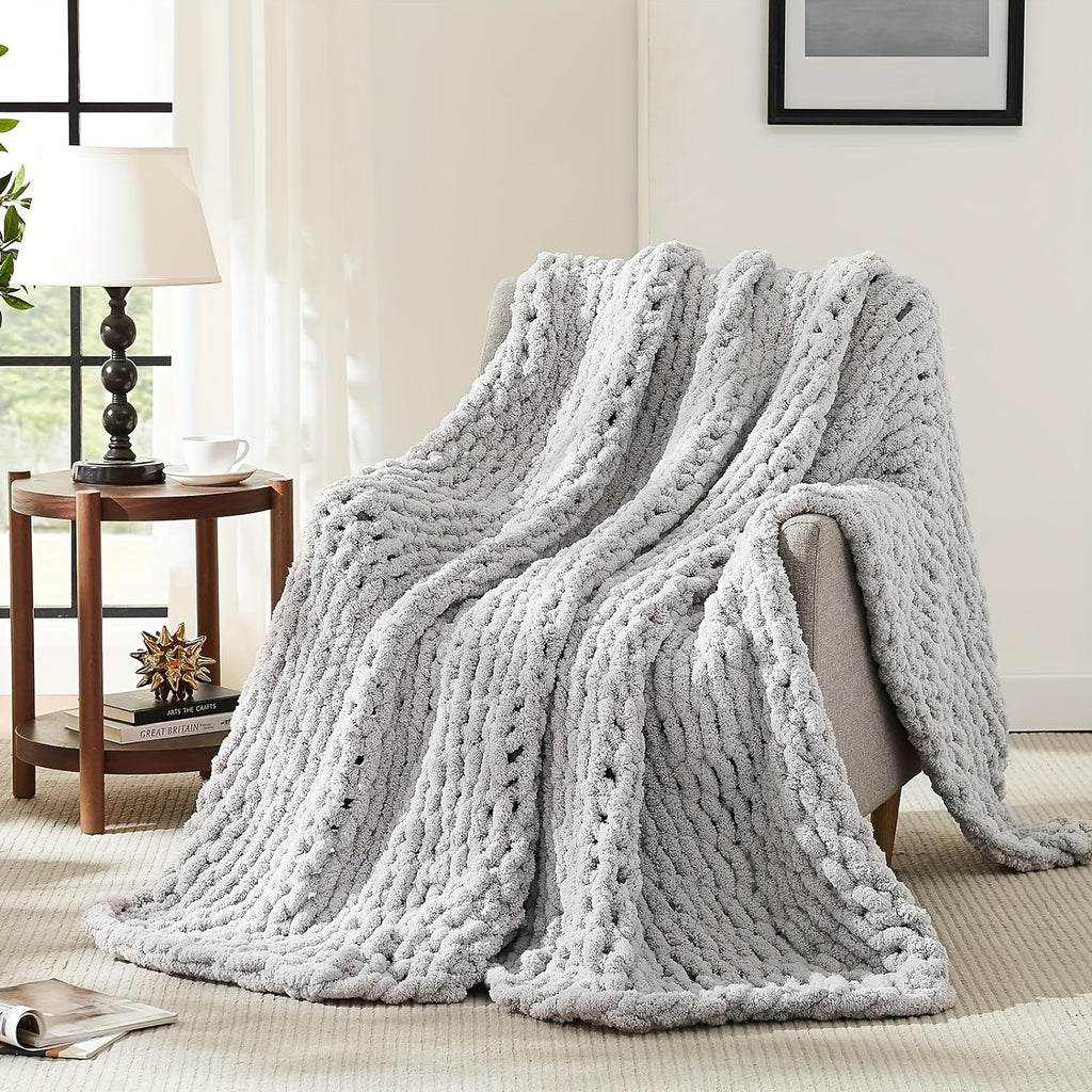 Chunky Blanket Throw, 100% Hand Chenille Throw Blanket for Sofa & Home Decor, Handmade Thick Cable Crochet Blanket